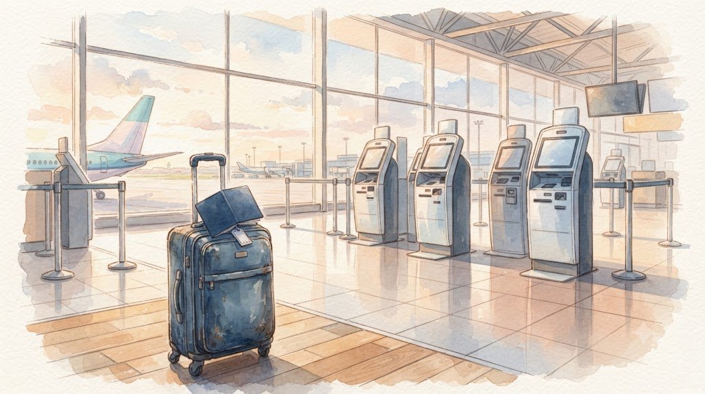 이른 아침 유럽 공항 입국 심사대 앞에 여행 가방과 펼쳐진 빈 여권이 놓여 있고 뒤로 셀프 단말기가 줄지어 선 수채화