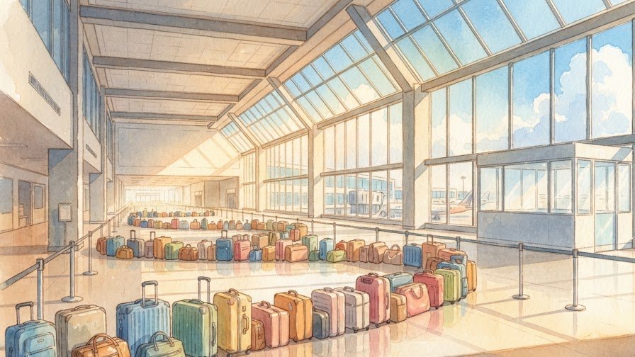 한여름 오후 햇살이 드는 공항 터미널 바닥에 여행 가방들이 길게 줄지어 놓여 있고 멀리 심사대 불빛이 보이는 수채화
