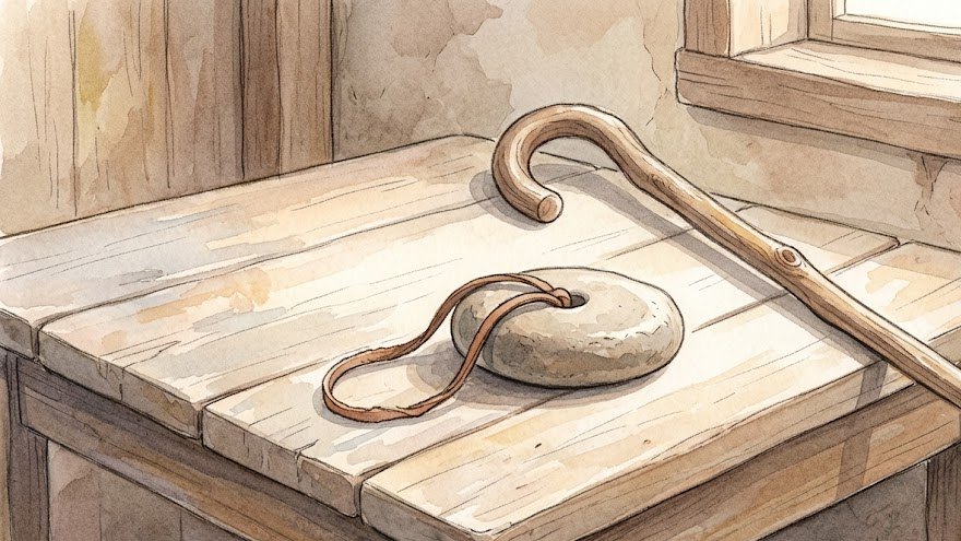 나무 탁자 위에 둥근 돌 도장과 가죽 끈, 비스듬히 기대 놓인 목자의 지팡이가 있는 수채화 정물