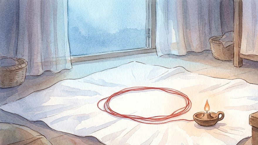 새벽빛이 스미는 장막 안 하얀 천 위에 붉은 실 한 가닥이 고리 모양으로 놓이고 곁에 작은 등잔불이 켜진 수채화
