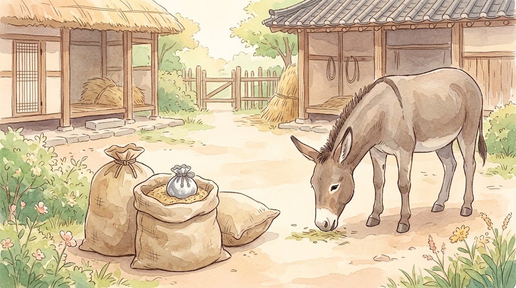 시골 객점 마당 나귀 옆에 풀어 놓은 곡식 자루 입구에 작은 은 돈주머니가 얹힌 수채화