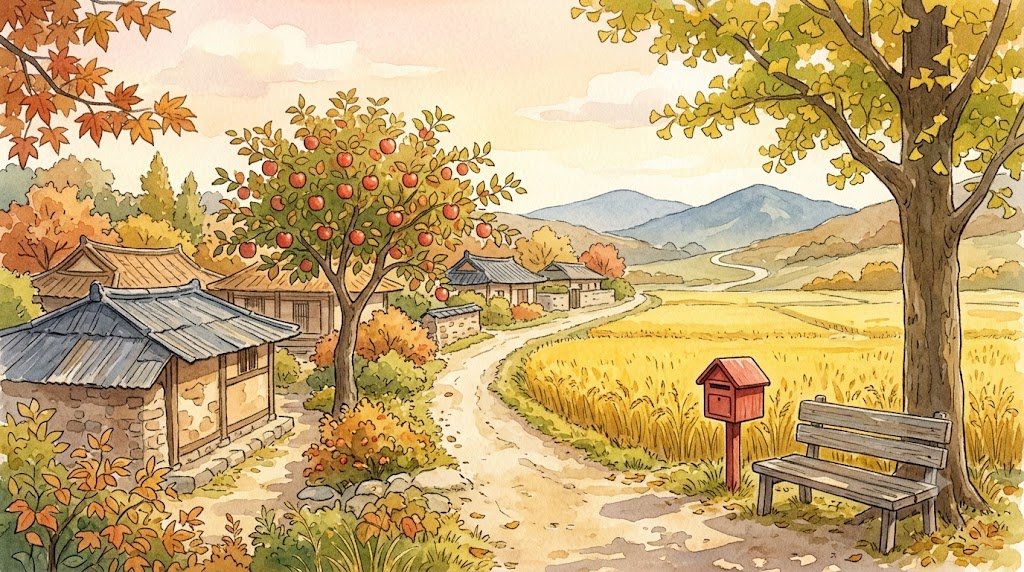 기와집과 사과나무, 노란 논과 빨간 우체통이 있는 가을 시골 마을 길을 수채화로 그린 삽화