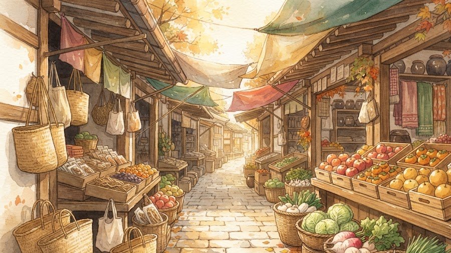 명절을 앞둔 가을 오후 재래시장 골목에 과일 상자와 장바구니가 가득 놓이고 따뜻한 햇살이 비치는 수채화 일러스트